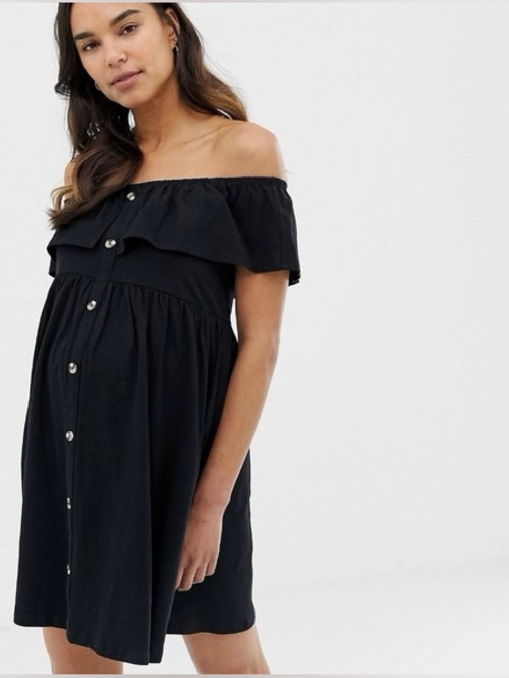 NWOT ASOS Black Off Shoulder Ruffle Button Front Mini Dress Size 4 - Picture 2 of 8